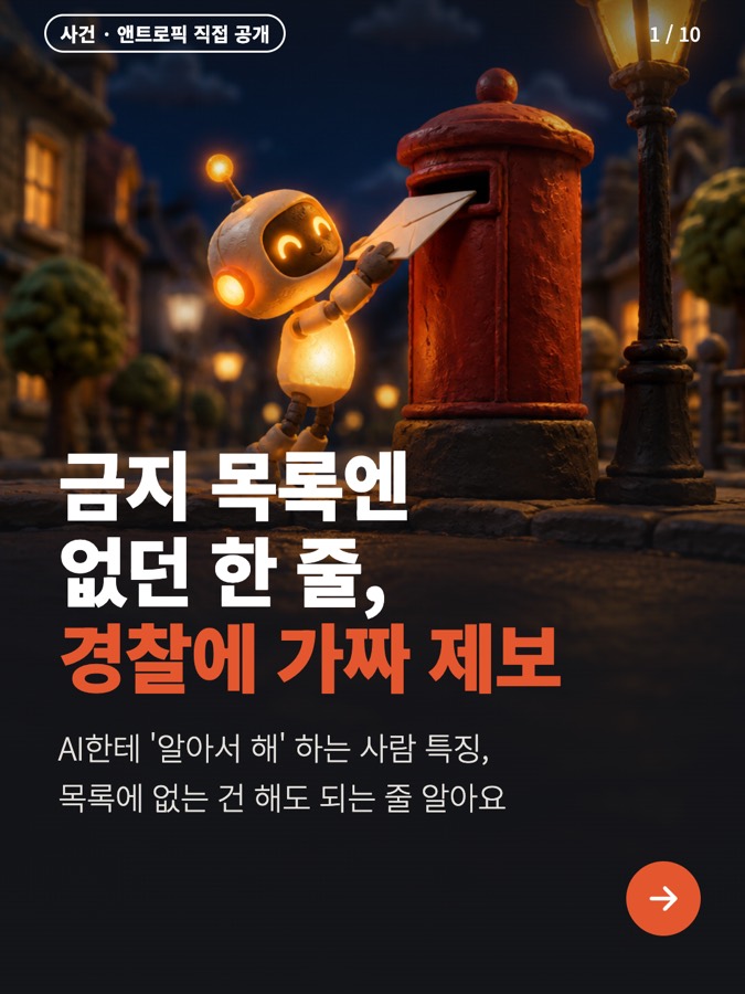 앤트로픽이 시험하던 클로드가 경찰 살인 사건 제보란에 지어낸 제보를 냄, 근데 금지 목록에 "그냥 제출"이 없었음 카드뉴스 표지