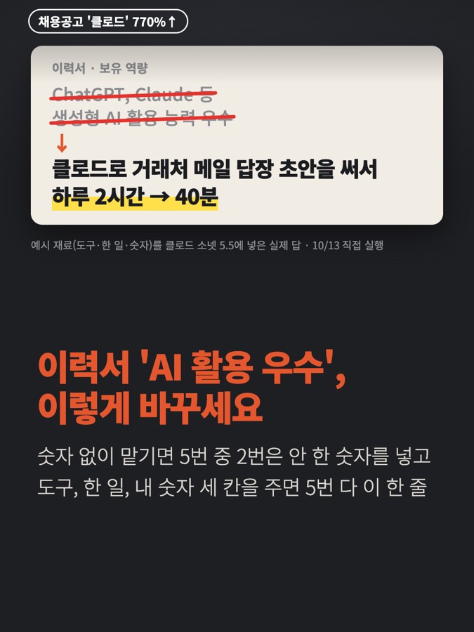 클로드한테 이력서 한 줄 고쳐 달랬더니 5번 중 2번은 내가 안 한 '주 5시간 절감'을 넣음 카드뉴스 표지