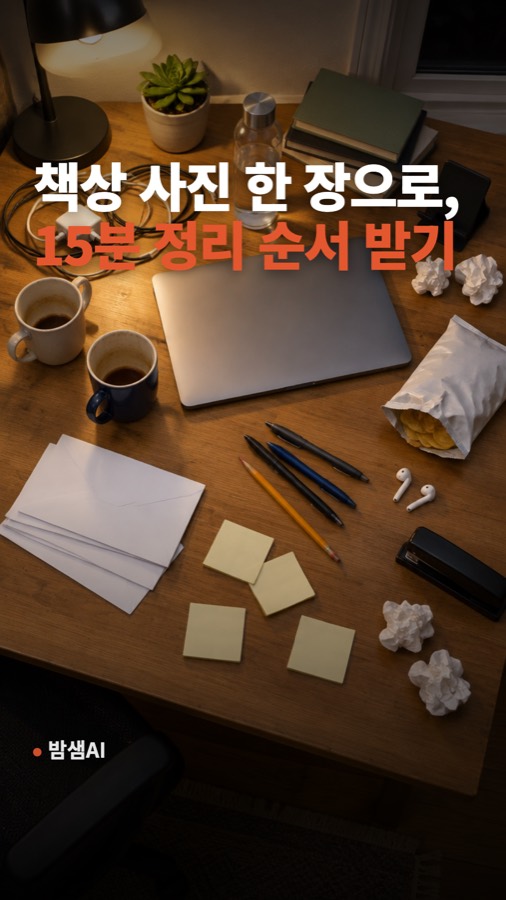 책상 치우기 귀찮은 사람용, AI 클로드 앱에 사진이랑 보낼 문장 그대로 복사해 가 카드뉴스 표지