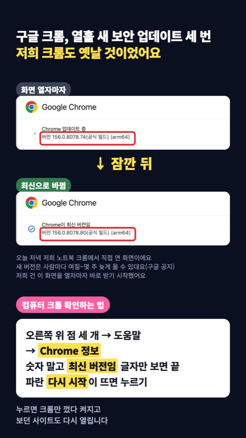 구글 크롬이 열흘 새 보안 업데이트를 세 번 냈는데, 내 노트북 크롬은 옛날 것 그대로였음 카드뉴스 표지