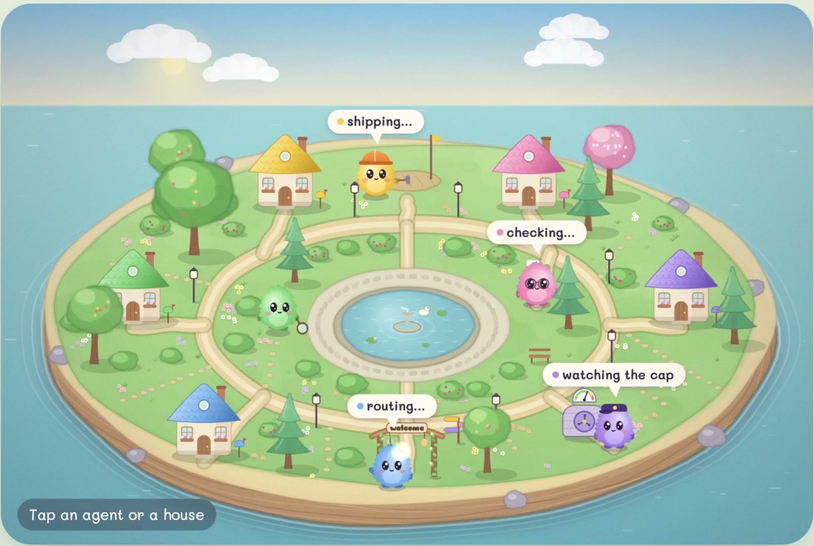 Little Agent Island 낮 화면, 동글동글한 AI 캐릭터들이 말풍선을 띄우고 섬을 돌아다님
