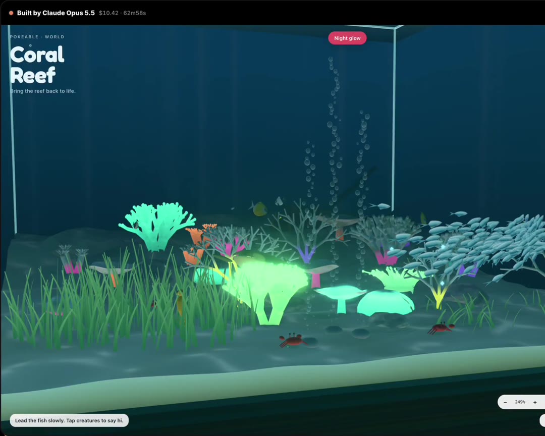 Coral Reef 밤 장면, 되살아난 산호가 네온처럼 빛나는 유리 수족관