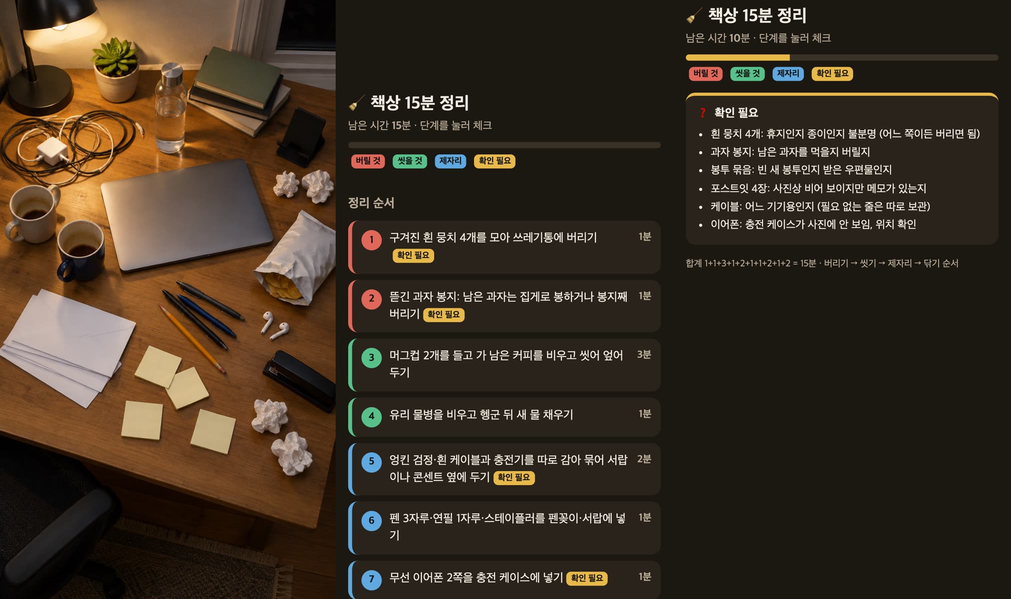 세 화면을 이어 붙인 그림: 왼쪽은 저희가 넣은 책상 사진(AI로 만든 시험용), 가운데는 클로드가 만든 정리 순서 화면을 처음 연 모습(1~7단계, 남은 시간 15분), 오른쪽은 1~3단계를 눌러 체크한 뒤 아래로 내린 '확인 필요' 6줄(맨 위 남은 시간 10분)