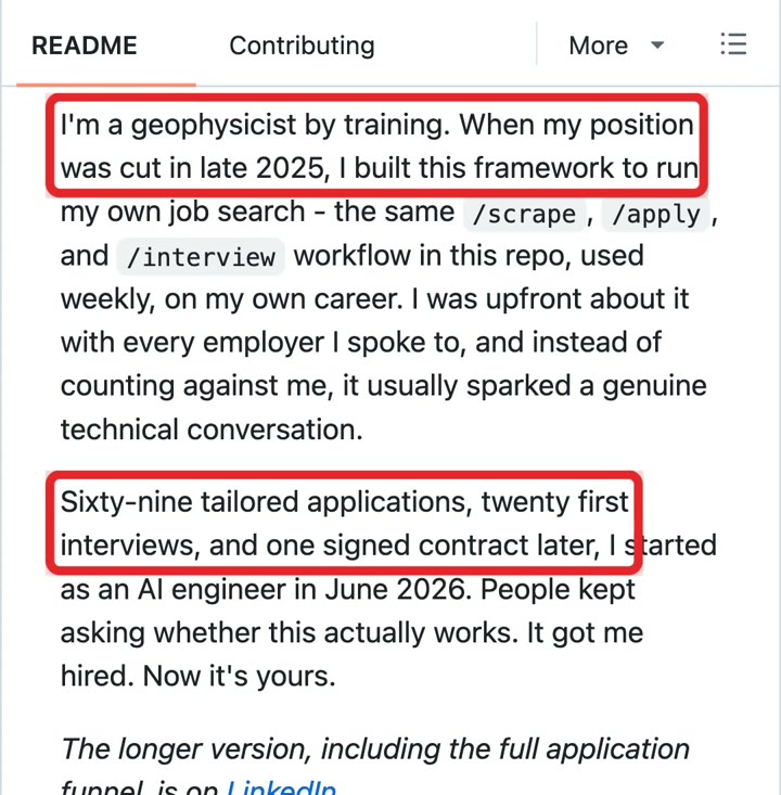 깃허브 README 본인 글, '2025년 말 자리가 없어져 이 틀을 만들었다'와 '맞춤 지원 69통, 1차 면접 20번, 계약 1건' 문장에 빨간 네모