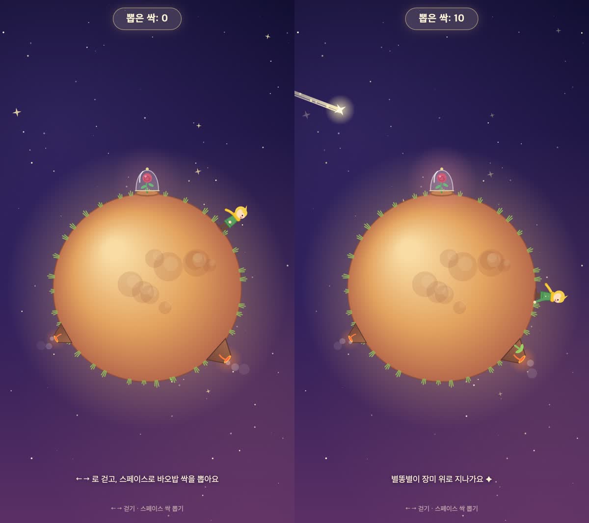 맛보기 지시문으로 나온 작은 별 게임, 처음 0개(왼쪽)와 10개째 장미 위로 지나가는 별똥별(오른쪽)