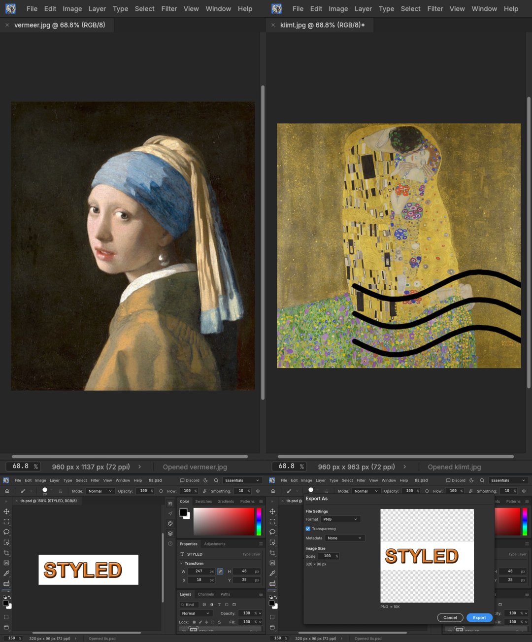 위 왼쪽 포토크래프트에서 연 페르메이르 그림, 위 오른쪽 클림트 그림에 붓으로 그은 선, 아래 왼쪽 포토샵 PSD를 열었을 때 남아 있는 'STYLED' 글자 레이어, 아래 오른쪽 내보내기(Export As) 창