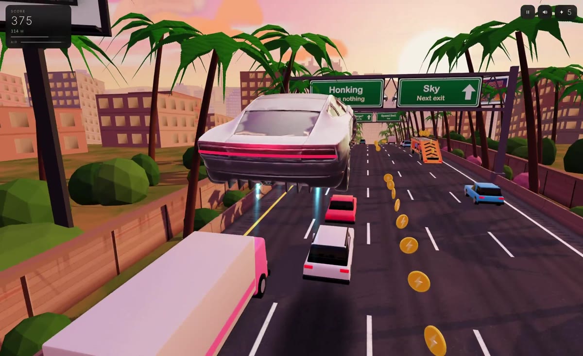게임 Roadster Rush 화면: 흰 스포츠카가 바닥 추진기를 켜고 고속도로 위 차들 위로 떠 있는 모습