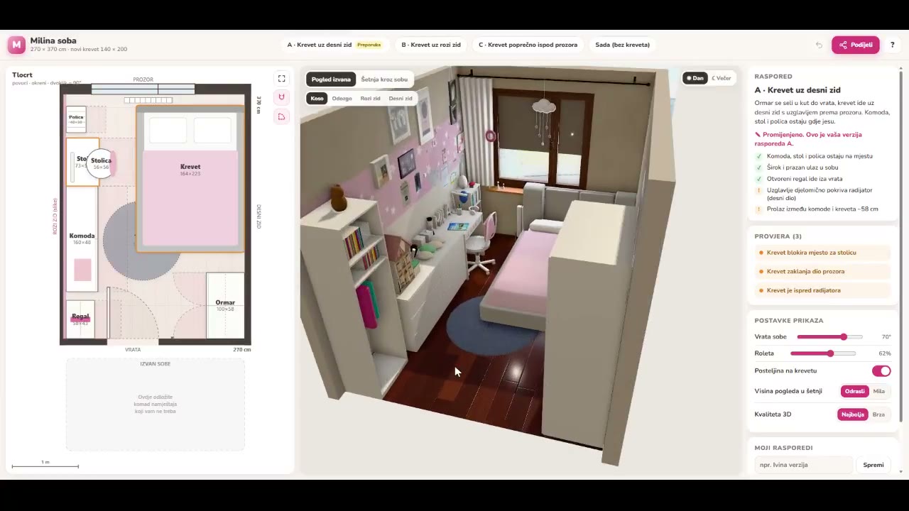분홍 침대와 책상, 창문이 있는 아이 방을 위에서 비스듬히 내려다본 3D 장면