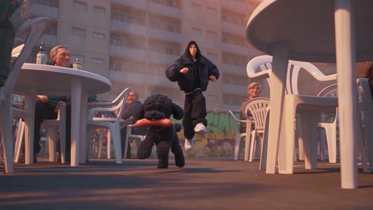 애니메이션 The Streets 한 장면: 아파트 앞 야외 탁자 사이로 검은 푸들이 소시지를 물고 달리고, 후드 입은 청년이 뒤쫓는 모습